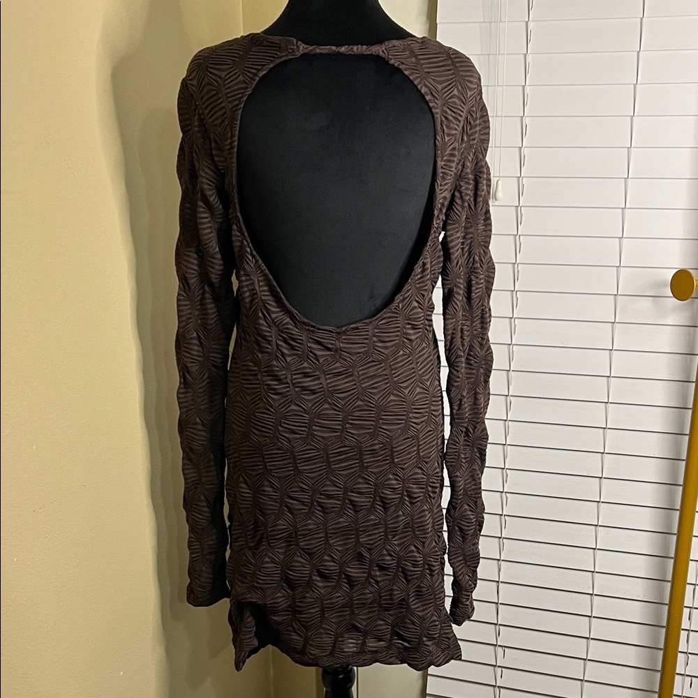 Free People Textured Long Sleeve Open Back Dress in Brown - Picture 4 of 11